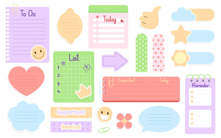 Cute cartoon task planners, remind memo, important notes, to-do list and washi tape, stickersのイラスト素材