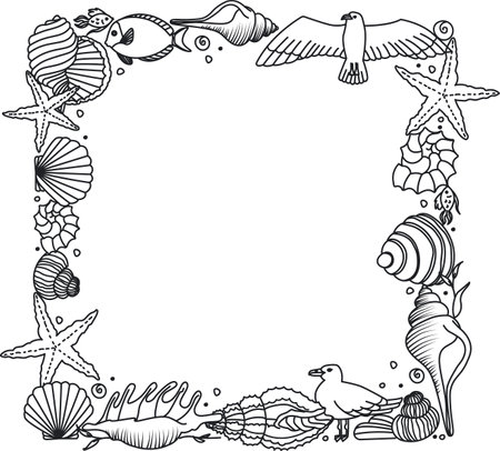 Seaside Square Frame with Marine Elementsのイラスト素材