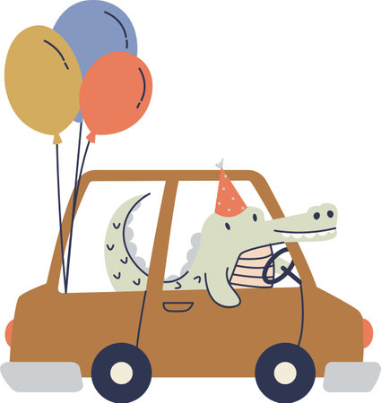 Crocodile Driving Car with Balloonsのイラスト素材
