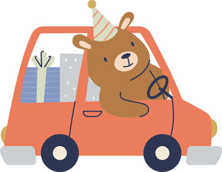 Bear Driving a Car with Giftsのイラスト素材