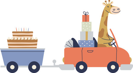Giraffe Driving Car with Cake and Giftsのイラスト素材