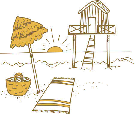 Beach Hut and Sunrise Sceneのイラスト素材