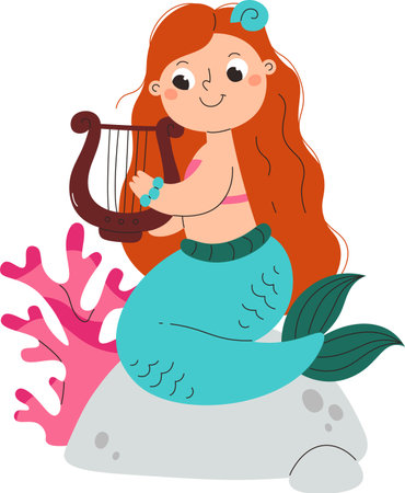 Mermaid Playing Harp on Rockのイラスト素材