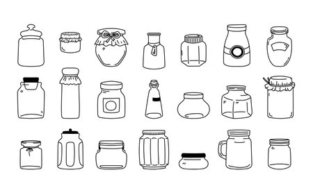 Collection of hand-drawn jars kitchen utensils for storage canning food preserves isolated on whiteのイラスト素材