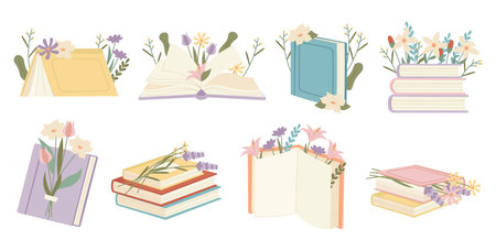 Books with flowers blooms bouquet opened, closed and stacked isolated set on white backgroundのイラスト素材