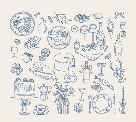 Gourmet delicatessen, food, drink and sweet snacks doodles retro vintage sketches isolated setのイラスト素材