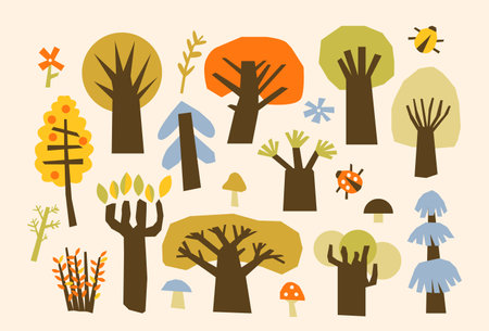 Autumn forest scene papercut art collage, fall woodland nature geometric shapes wallpaper designのイラスト素材