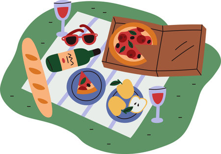Picnic Scene with Food and Wineのイラスト素材