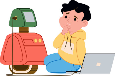 Boy with Robot and Laptopのイラスト素材
