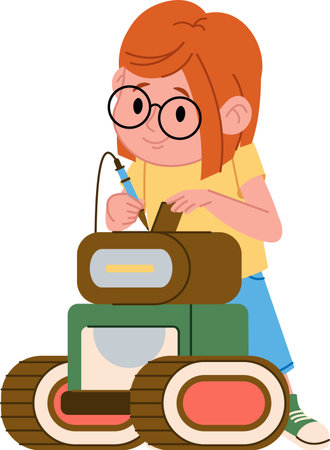 Girl Building a Robotのイラスト素材