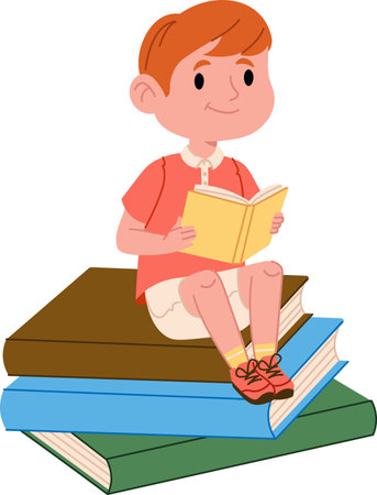 Boy Reading on Stack of Booksのイラスト素材