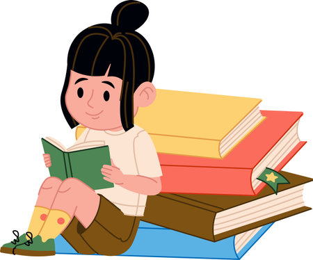 Girl Reading on Stack of Booksのイラスト素材