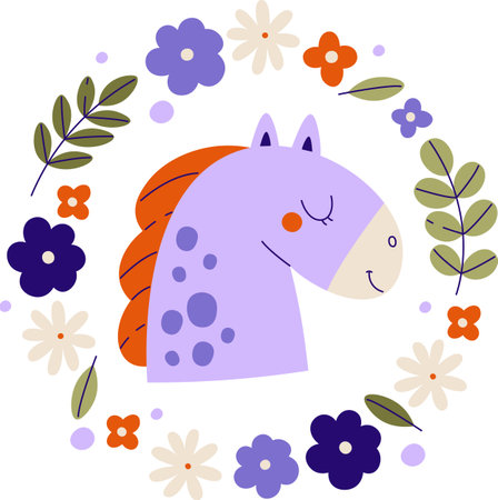 Cartoon Horse with Floral Wreath Portraitのイラスト素材