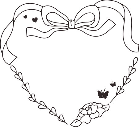 Heart Frame with Ribbon and Flowers Outlineのイラスト素材
