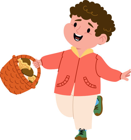 Cheerful Boy with Mushrooms Basketのイラスト素材
