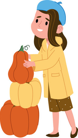 Girl Stacking Pumpkins in Autumnのイラスト素材