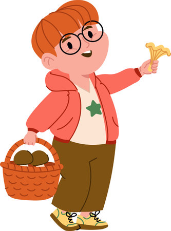 Girl Holding Basket and Mushroomsのイラスト素材