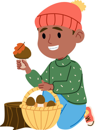 Child Collecting Mushrooms in Autumnのイラスト素材