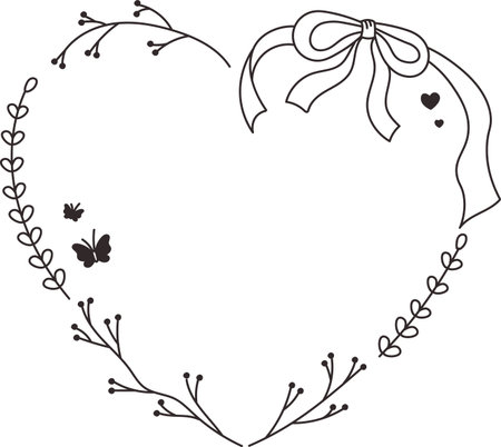 Heart Frame with Bow and Butterflies Outlineのイラスト素材