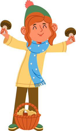 Girl Holding Mushrooms in Autumnのイラスト素材