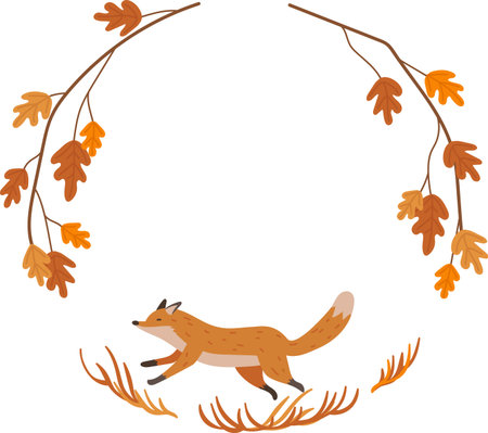 Fox in Autumn Branches Round Frameのイラスト素材