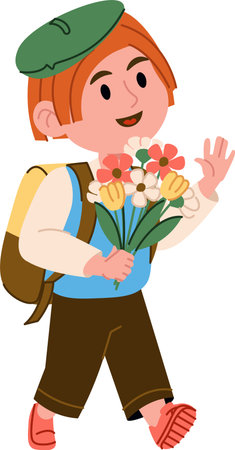 Schoolboy with Flowers and Backpackのイラスト素材