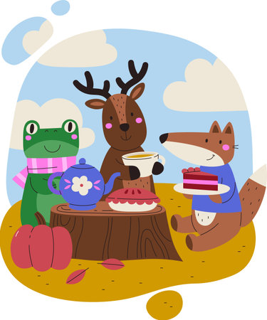 Animals Enjoying Autumn Picnicのイラスト素材
