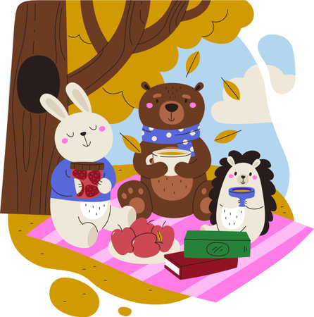 Animals Having Tea Autumn Picnicのイラスト素材