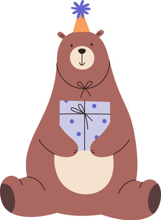 Bear with Party Hat and Giftのイラスト素材
