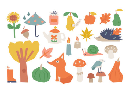 Autumn elements in cute geometric shapes and paper-cut style isolated artistic set on whiteのイラスト素材