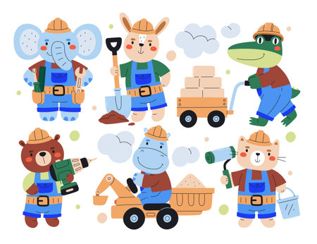 Cute hand drawn animal builders wearing overalls working with tools and heavy construction machineryのイラスト素材