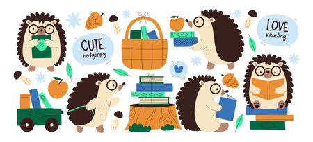 Cute charming hedgehog bookworms hand drawn characters with books love reading literature setのイラスト素材