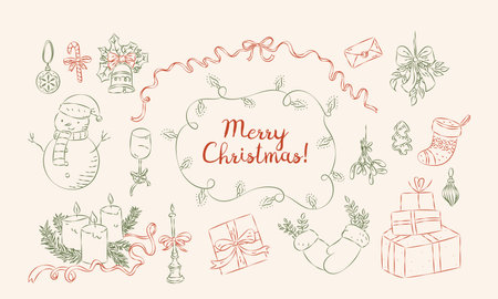 Charming Merry Christmas ornaments designed with hand drawn sketch, line art and grunge textureのイラスト素材