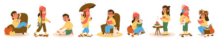 Cute children autumn cartoon characters enjoying seasonal activities and joyful pastimes setのイラスト素材