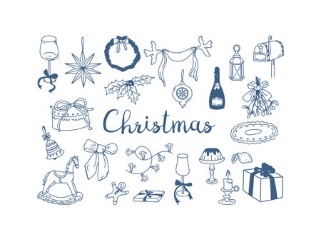 Hand drawn Christmas menu, traditional attributes and festive accessories monochrome compositionのイラスト素材