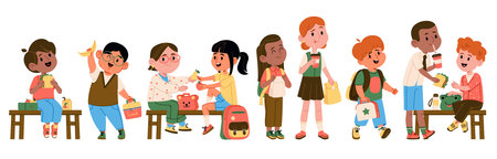 Cute happy children students having breakfast lunch boxes snacking at school on break isolated setのイラスト素材