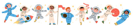 Kids astronauts characters floating and traveling in outer space enjoying boundless wonder of cosmosのイラスト素材