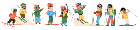 Happy children characters skiing skis fully immersed in joy of winter sports enjoying childhood funのイラスト素材