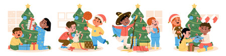 Happy overjoyed kids opening gift boxes nearby decorated Christmas tree celebrating holiday set