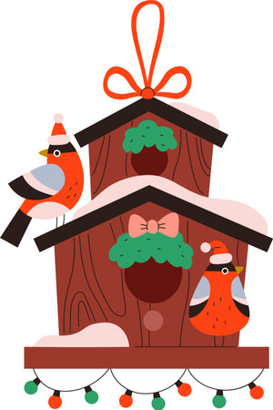 Christmas Birdhouse with Winter Birdsのイラスト素材