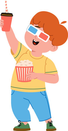 Boy with 3D Glasses and Snacks in Cinemaのイラスト素材