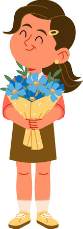 Girl Holding Flower Bouquetのイラスト素材
