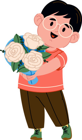 Boy Holding Bouquet of Flowersのイラスト素材