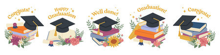 Graduation Cap On Books Banner Setのイラスト素材