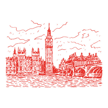 Palace of Westminster, Elizabeth Tower Big Ben and Westminster Bridge. London, England, UK. Vector freehand pencil sketch.のイラスト素材
