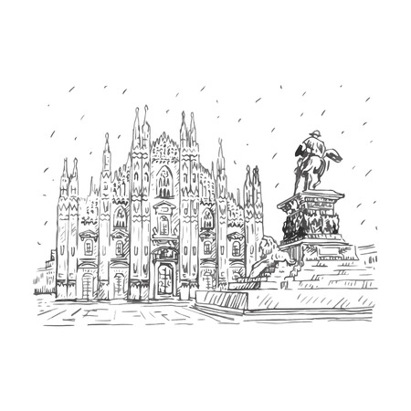 Milan Cathedral with statue, Italy. Vector hand drawn sketch.のイラスト素材