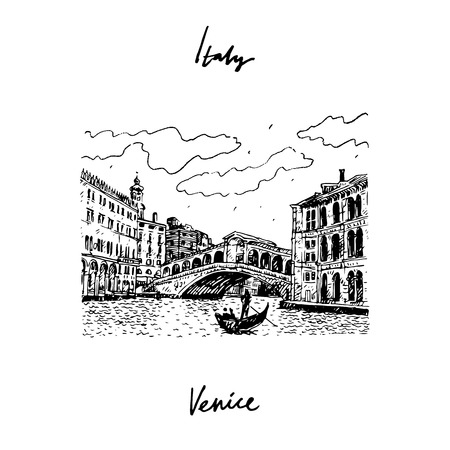 The Rialto Bridge in Venice, Italy. Vector hand drawn sketch.のイラスト素材