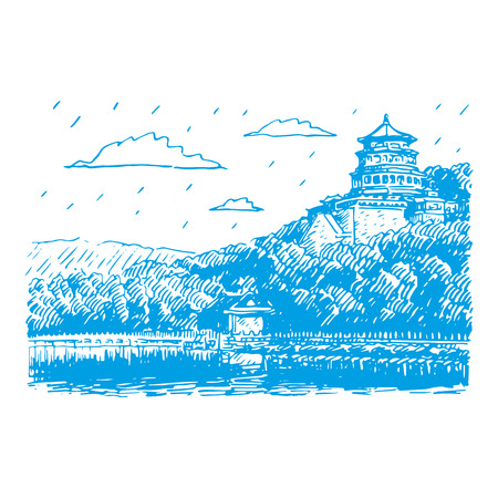 The Summer Palace scenery, Beijing, China. Vector freehand pencil sketch.のイラスト素材