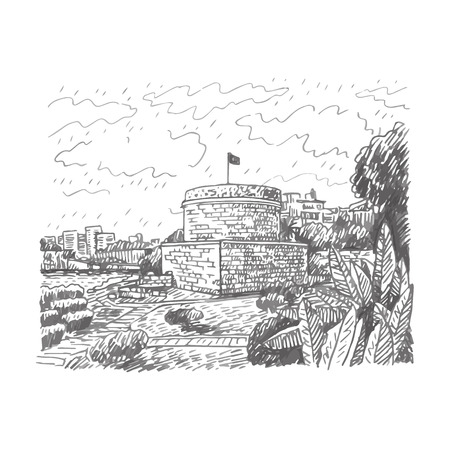 Hidirlik Tower, the historic town of Antalya, Turkey. Vector freehand pencil sketch.のイラスト素材