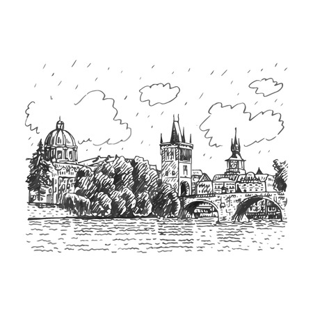 Charles bridge, Prague, Czech Republic. Vector hand drawn sketch.のイラスト素材
